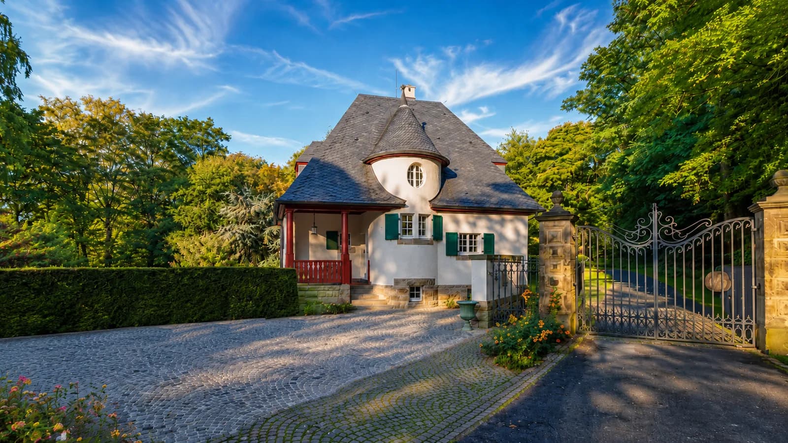 Eingangsseite des Gärtnerhauses mit Rundturm, roter Loggia und schmiedeeisernem Torgitter, Hartenfels
