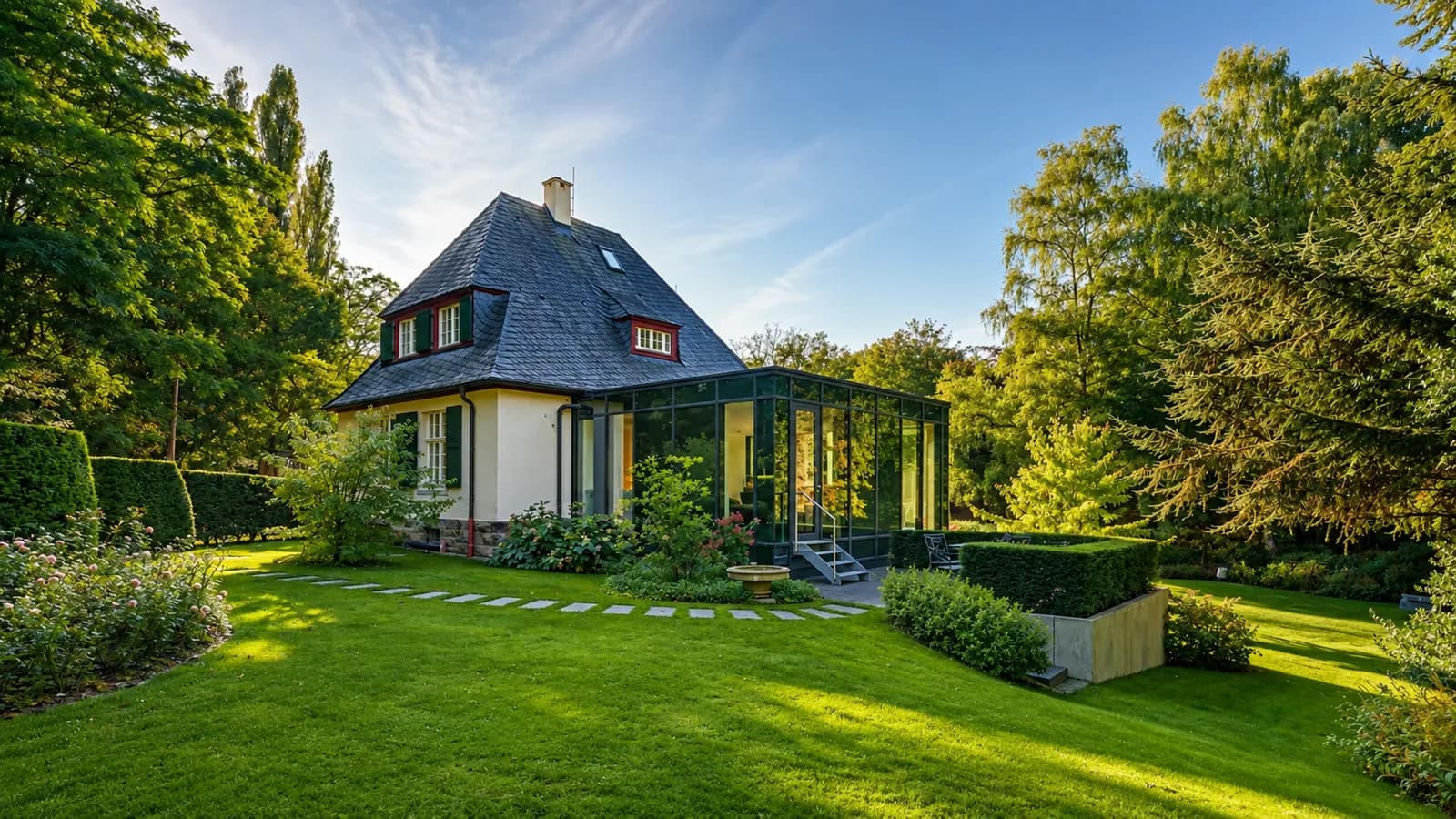 Gartenseite mit gläsernem Wintergarten-Anbau und Trittsteinweg über den Rasen, Hartenfels