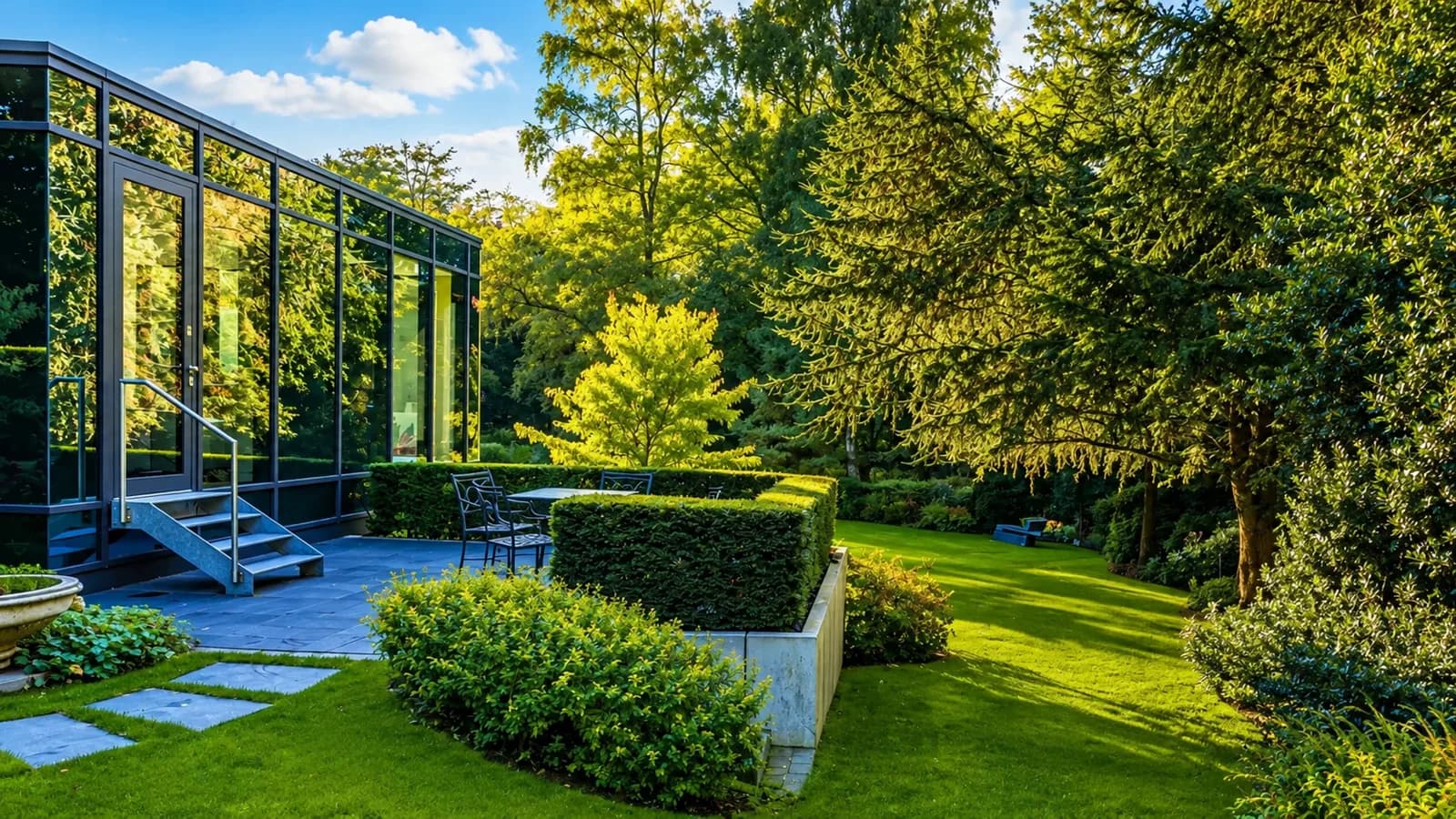 Terrasse am Glasanbau mit Sitzgruppe und angrenzendem Ziergarten, Hartenfels