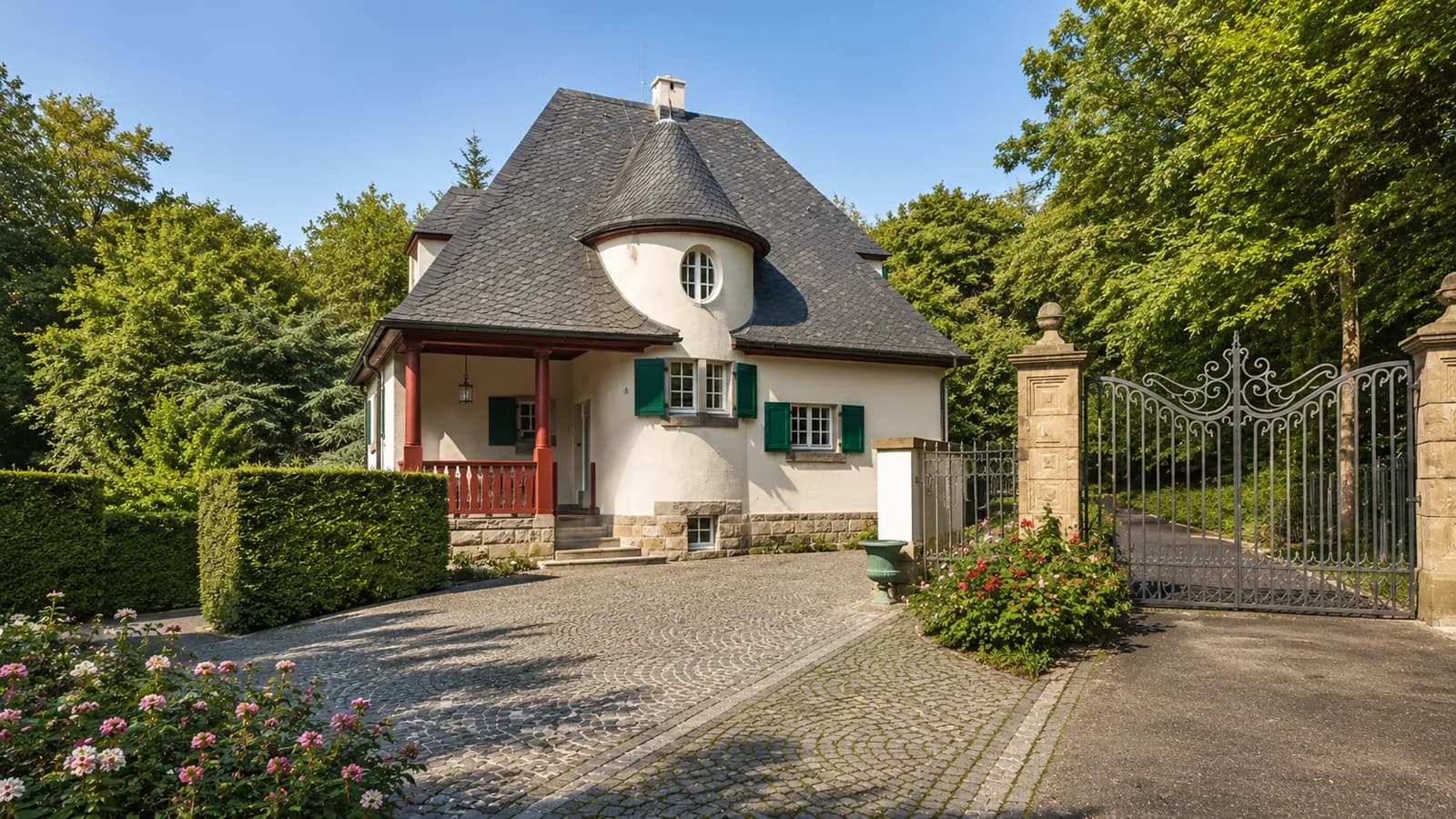 Denkmalgeschütztes Gärtnerhaus mit geschiefertem Turmerker und roter Loggia hinter schmiedeeisernem Parktor