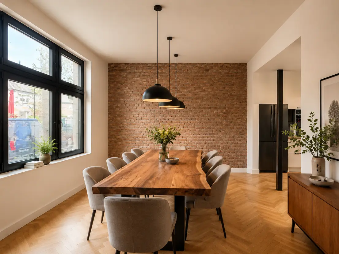 Esszimmer mit Backsteinwand, Maison Lambert (Visualisierung)