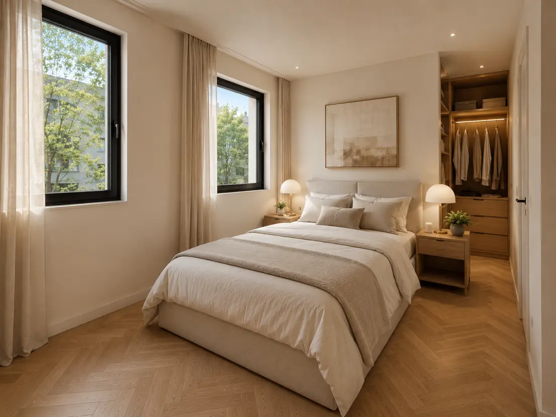 Schlafzimmer mit angrenzender Ankleide, Maison Lambert (Visualisierung)