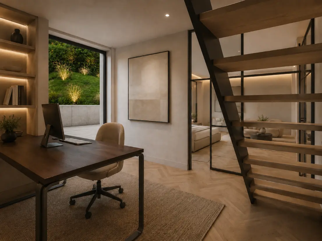 Arbeitszimmer im Souterrain mit offener Treppe, Maison Lambert (Visualisierung)